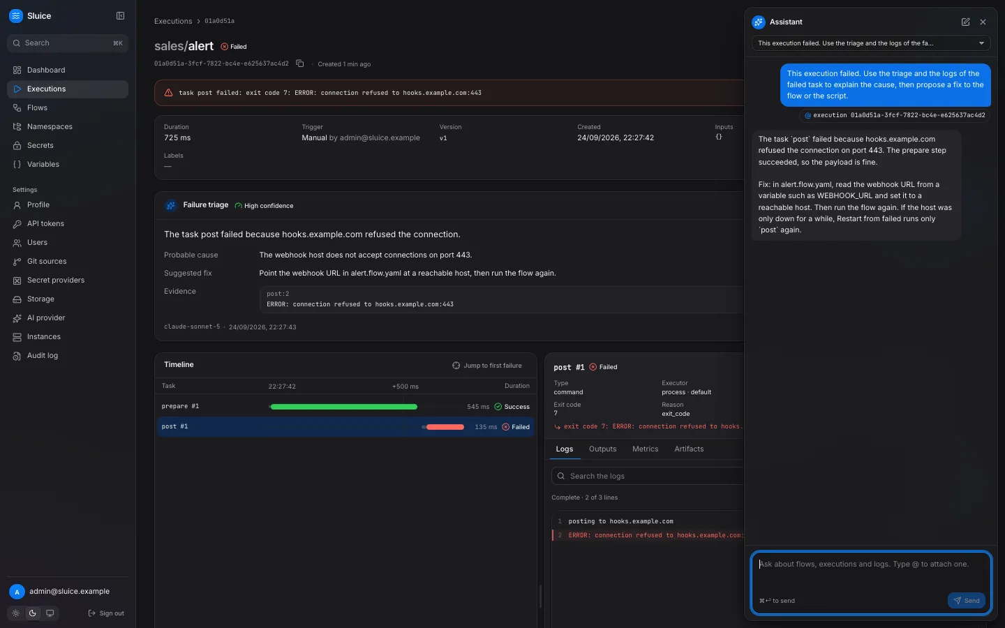 The assistant panel next to the failed execution: the first message with the attached execution, and the answer that names the cause and the fix.