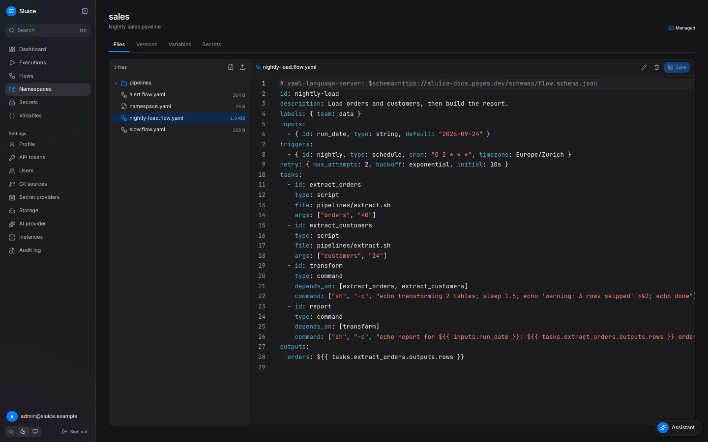 The namespace editor with the file tree on the left and a flow file open on the right.
