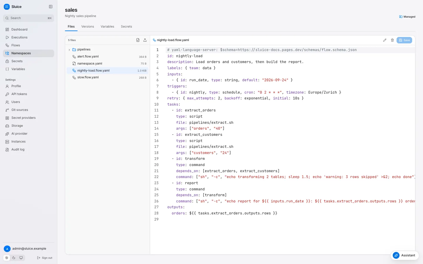 The namespace editor with the file tree on the left and a flow file open on the right.