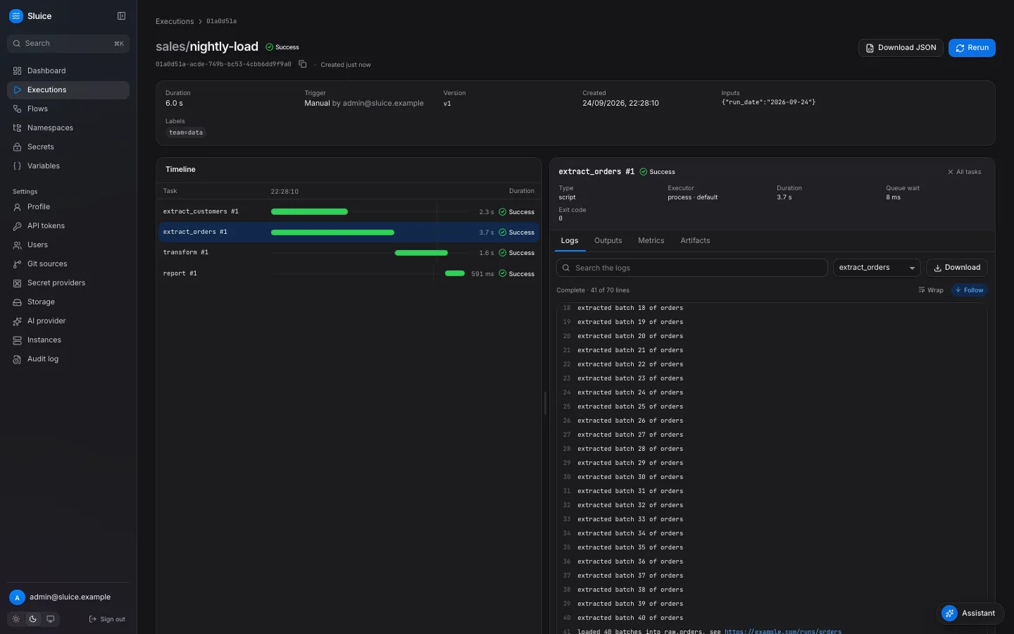 A succeeded execution: the timeline with four task bars on the left and the log lines of the task extract_orders on the right.