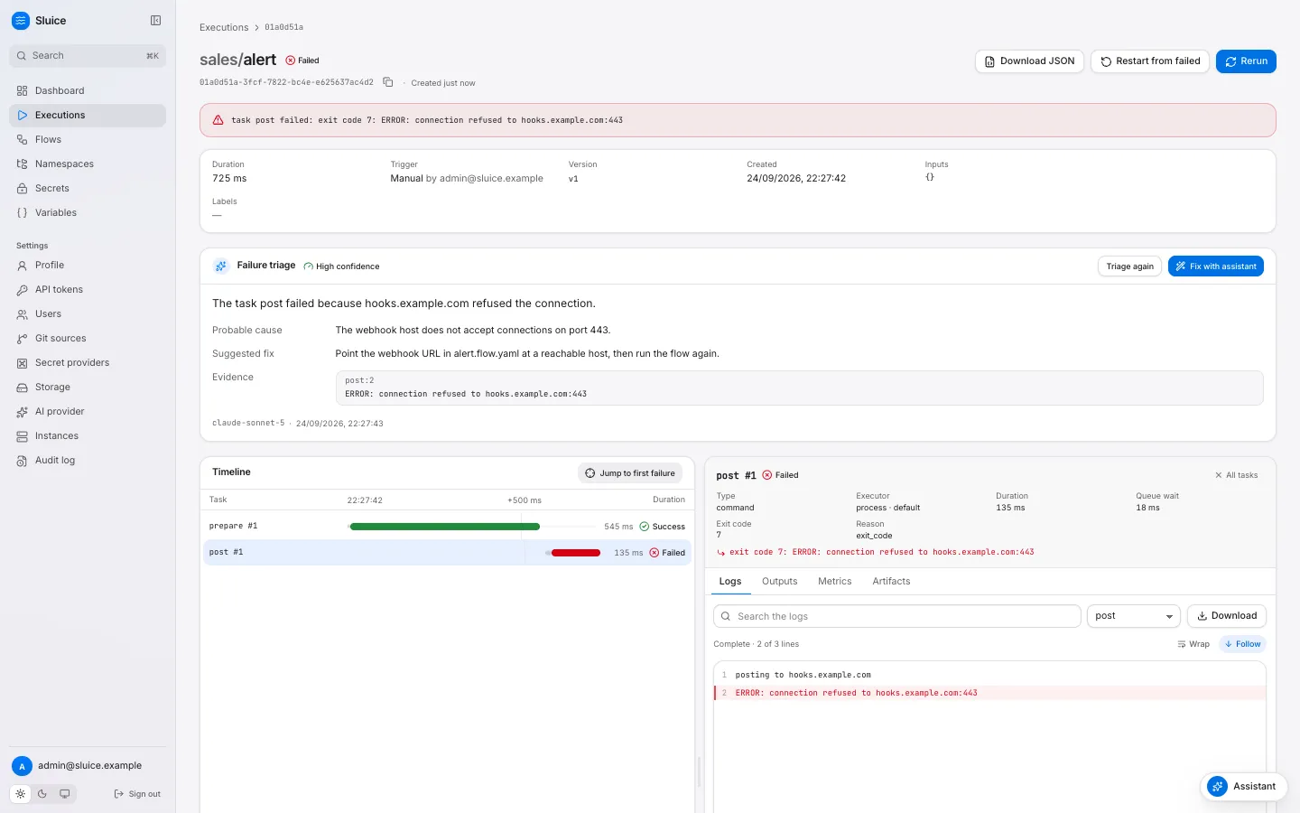 A failed execution: the failure triage with its cause and fix, the failed task selected in the waterfall, and its error in the log.