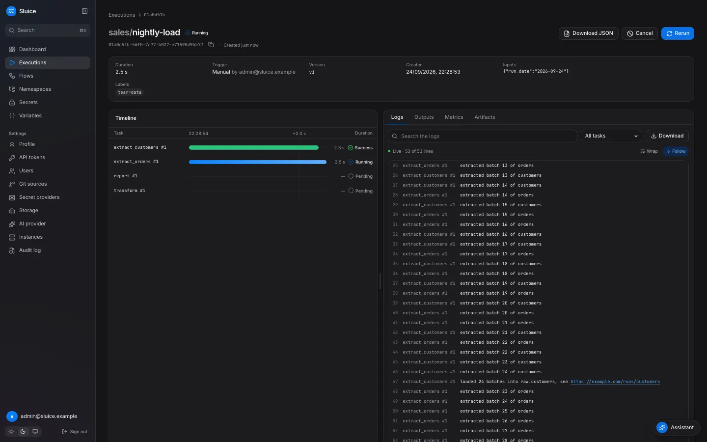 An execution of the flow sales/nightly-load while it runs, with the waterfall of its tasks and the live log.
