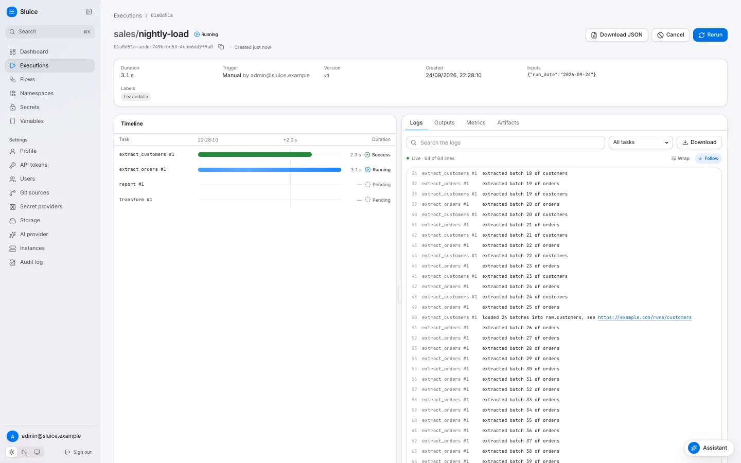 An execution of the flow sales/nightly-load while it runs, with the waterfall of its tasks and the live log.