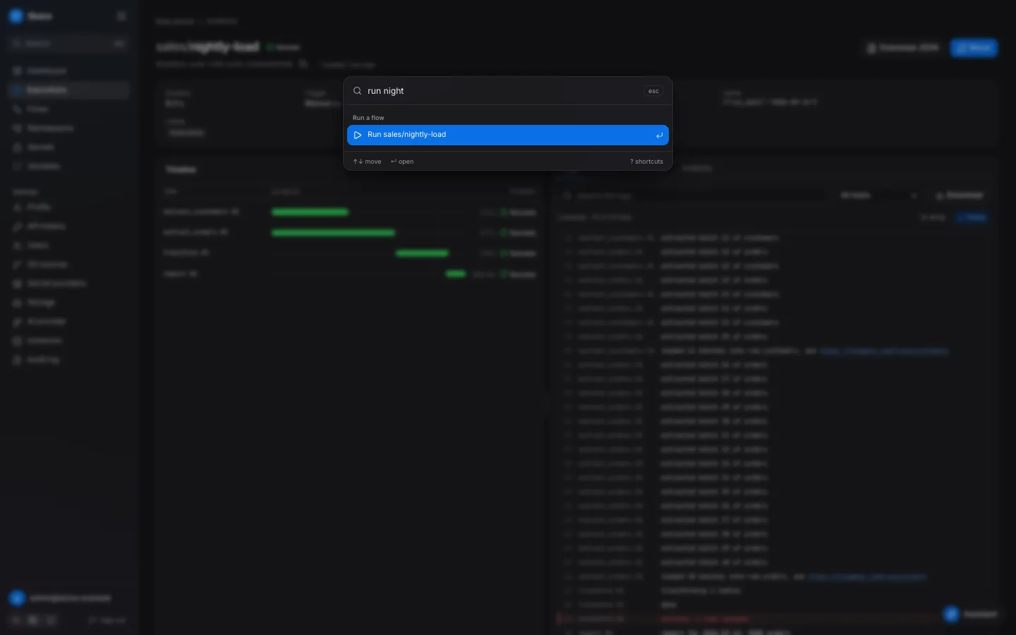 The command palette with the query run night and the command Run sales/nightly-load selected.