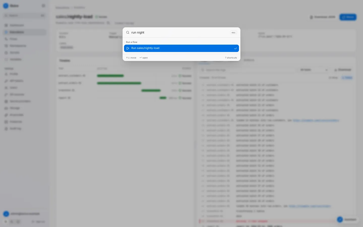 The command palette with the query run night and the command Run sales/nightly-load selected.