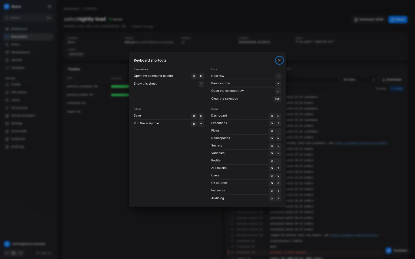 The Keyboard shortcuts sheet with the sections Everywhere, Lists, Editor and Go to.