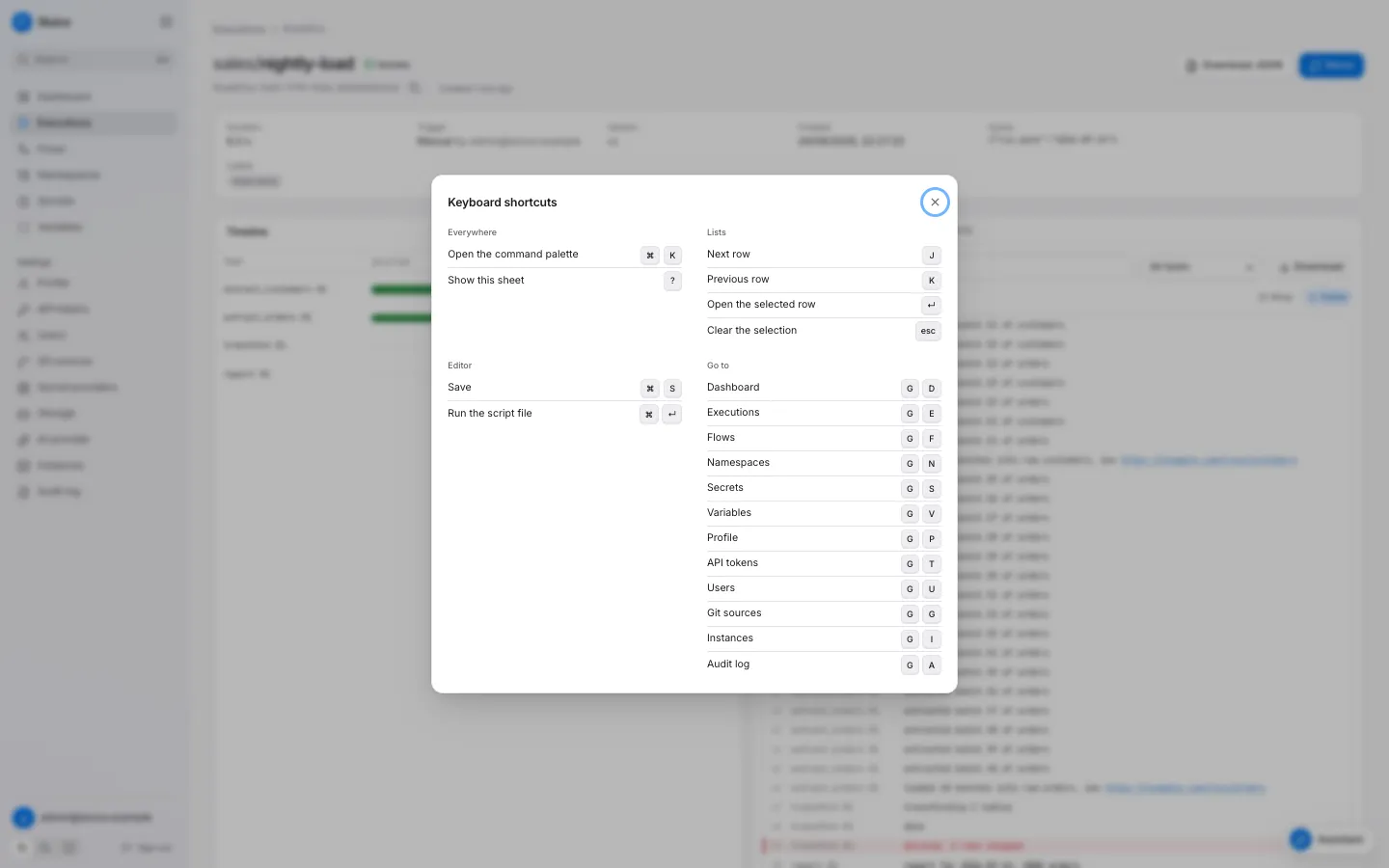 The Keyboard shortcuts sheet with the sections Everywhere, Lists, Editor and Go to.